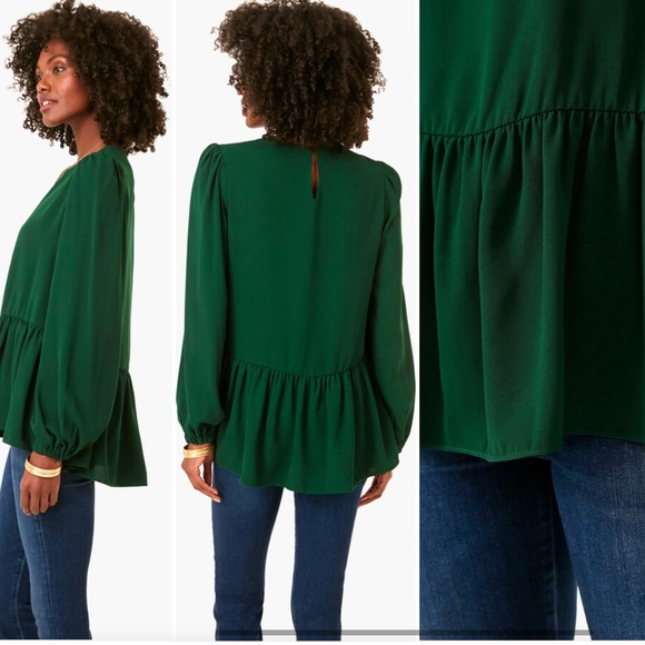 Tuckernuck Pomander Place Hunter Green Carlota Peplum Blouse Size L Forest Fairy - Picture 9 of 9